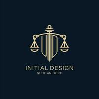 Initial UD logo with shield and scales of justice, luxury and modern law firm logo design vector