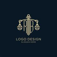 Initial RB logo with shield and scales of justice, luxury and modern law firm logo design vector