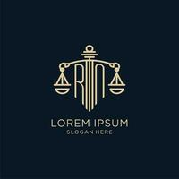 Initial RN logo with shield and scales of justice, luxury and modern law firm logo design vector