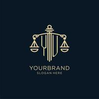 Initial YU logo with shield and scales of justice, luxury and modern law firm logo design vector