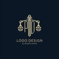 Initial PO logo with shield and scales of justice, luxury and modern law firm logo design vector