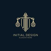 Initial QD logo with shield and scales of justice, luxury and modern law firm logo design vector