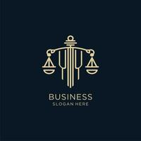 Initial YY logo with shield and scales of justice, luxury and modern law firm logo design vector