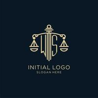 Initial WS logo with shield and scales of justice, luxury and modern law firm logo design vector