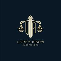 Initial UA logo with shield and scales of justice, luxury and modern law firm logo design vector
