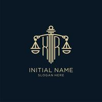 Initial XR logo with shield and scales of justice, luxury and modern law firm logo design vector