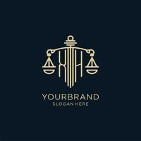 Initial XH logo with shield and scales of justice, luxury and modern law firm logo design vector