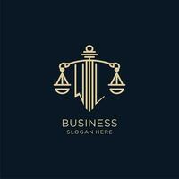Initial WL logo with shield and scales of justice, luxury and modern law firm logo design vector