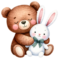 AI generated Watercolor Cute Bear Hugging A Plush Bunny Generative AI png