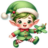 AI generated Watercolor Cute Elf Boy Playing A Toy Plane Generative AI png