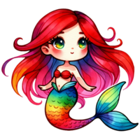 AI generated Watercolor Cute Red-Haired Rainbow Mermaid Generative AI png