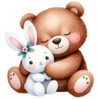 AI generated Watercolor Cute Bear Hugging A Plush Bunny Generative AI png