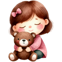 ai gerado aguarela fofa menina abraçando uma Urso de pelúcia Urso generativo ai png