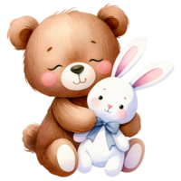 AI generated Watercolor Cute Bear Hugging A Plush Bunny Generative AI png