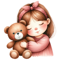 ai gegenereerd waterverf schattig meisje knuffelen een teddy beer generatief ai png
