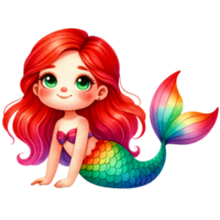 ai generado acuarela linda Pelirrojo arco iris sirena generativo ai png