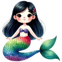 AI generated Watercolor Cute Black-Haired Rainbow Mermaid Generative AI png