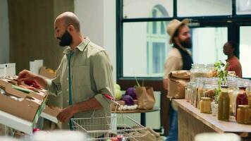 cliente mirando a bio pepinos en cajas, comprando orgánico recién cosechado vegetales a cocinar sano vegano comida. joven cliente en local eco simpático supermercado, productos quimicos gratis alimento. video