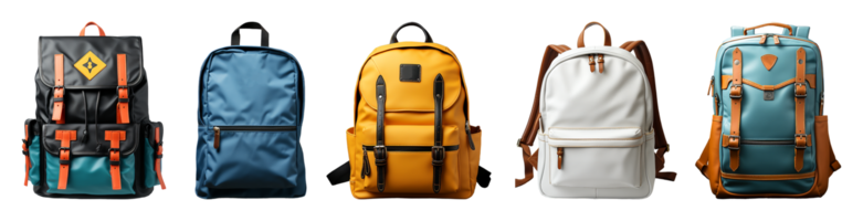 AI generated collection of mockups of various types of backpacks isolated on a transparent background, generative ai png