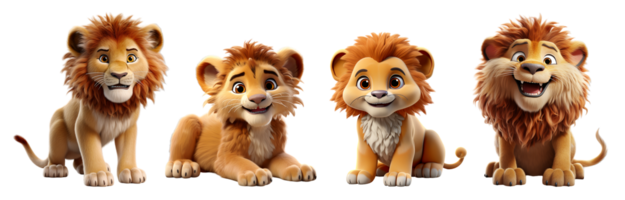 AI generated collection of 3d illustrations of cute lion cartoon characters, isolated on transparent background, generative ai png