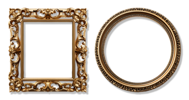ai generiert einstellen von runden geformt dekorativ Jahrgang Gold Frames mit elegant Schnitzereien, isoliert auf transparent Hintergrund, generativ ai png