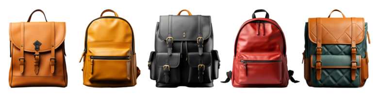 AI generated collection of mockups of various types of backpacks isolated on a transparent background, generative ai png