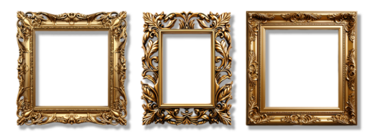 AI generated Set of Decorative antique gold frames of square shape with elegant carved decoration, isolated on transparent background, generative ai png