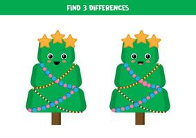 Find 3 differences between two cute cartoon Christmas trees. vector