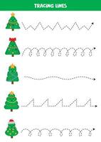 Tracing lines for kids. Cute cartoon Christmas trees. Handwriting practice. vector