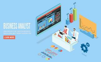 Modern 3d isometric design concept of Business Analysis with business people team working with Data Visualization for website and mobile website. Vector Illustration eps10