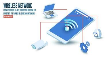 3d isométrica inalámbrico red concepto con Internet de cosas, 5g red, teléfono inteligente enrutador, inteligente hogar. vector ilustración eps10