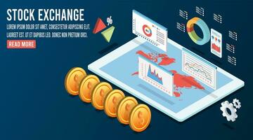 3D isometric stock exchange application concept for Cryptocurrency trading online, Trading market or investment mobile app. Global stock exchanges index. Vector illustration eps10
