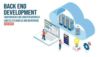 3d isometric Front and Back end development concept with coding and programming, studying with computers scene, Online IT courses, esponsive web design.  Illustration eps10 vector