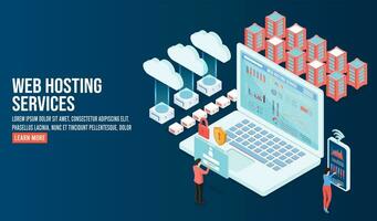 3D isometric Web hosting services concept with people worker with servers and data center connection network. Vector illustration eps10