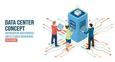 3D isometric data center concept with digital service, application with data transmission, Network computing technologies, Hosting Server Database.  Vector illustration eps10