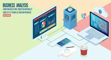 Modern 3d isometric design concept of Business Analysis with business people team working with Data Visualization for website and mobile website. Vector Illustration eps10