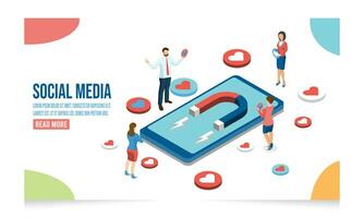 3D isometric Social media concept with people using mobile tablet and smartphone for sending posts, Hashtag and sharing. Vector illustration eps10