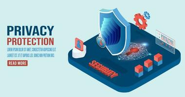 3D isometric Privacy protection concept with cloud data under the protection, data privacy, antivirus, encryption, Secure information transfer.  Vector illustration eps10