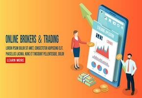 3D isometric Online broker trading concept with stock exchange, digital money market, investment, finance trading, characters investing money in stock market. Vector illustration eps10
