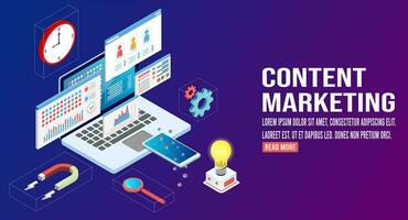 3D isometric content marketing landing page for creative blog post. Blogger character, web banner. Vector illustration eps10