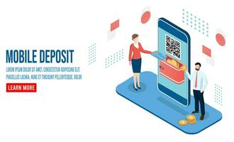 3D isometric mobile deposit and Money transfer concept for financial transaction, online cashback service, credit card payments.  Vector illustration eps10