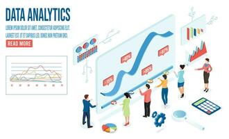 moderno 3d isométrica diseño concepto de datos análisis con negocio personas equipo trabajando con datos visualización para sitio web y móvil sitio web. vector ilustración eps10