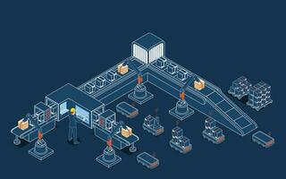 3D isometric automated warehouse robots and Smart warehouse technology Concept with Warehouse Automation System, Belt conveyor and Robot Transportation operation service. Vector illustration EPS 10