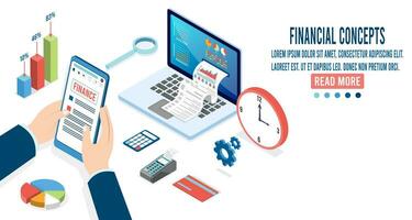 3d isometric Financial report with diagrams, graphs, financial analytic and Business Infographic elements on screen laptop. Vector illustration eps10