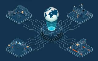 3D isometric Global logistics network concept with Transportation operation service, Supply Chain Management - SCM, Company Logistics Processes. Vector illustration EPS 10