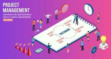 3d isométrica proyecto administración concepto con personas trabajando con diagramas, gráficos, financiero analítico y negocio infografía elementos. vector ilustración eps10