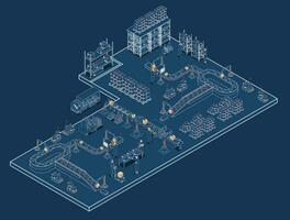 Intelligent warehouse technology concept with automated warehouse robots, autonomous robot transportation operations, and warehouse automation system. Vector illustration eps10