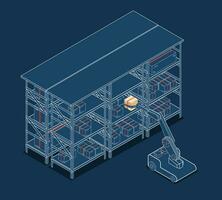 automatización industria 4.0 concepto con robótico brazo tomando un cartulina caja en el depósito. autónomo robot transporte operación servicio. vector ilustración eps10