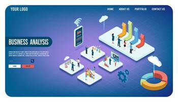 Modern 3d isometric design concept of Business Analysis with business people team working with Data Visualization for website and mobile website. Vector Illustration eps10