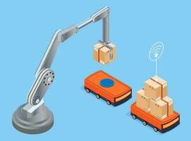 Automation Industry 4.0 concept with Robot arm and cardboard boxes on Autonomous Robot Transportation operation service. Vector illustration eps10